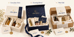 Three Elara Glow gift box styles: cream, navy and kraft