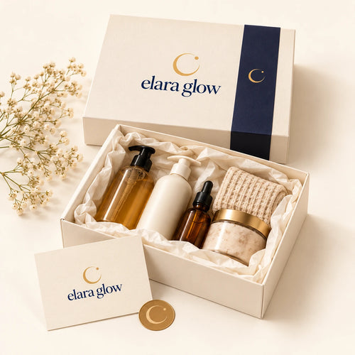 Elara Glow cream gift box with navy band, open with bottles and a card