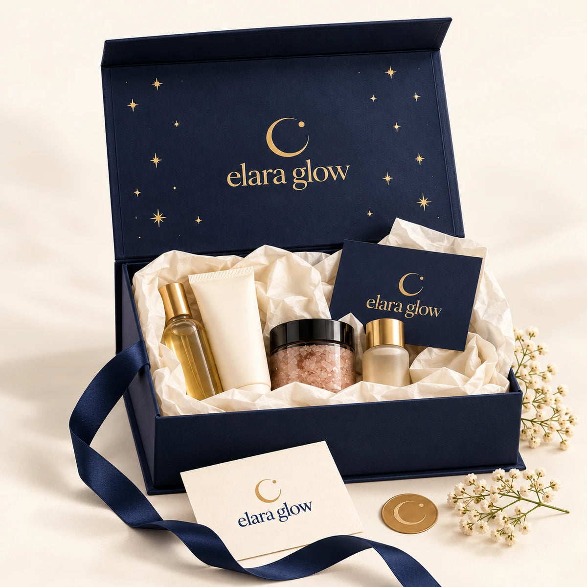 Elara Glow navy magnetic gift box with gold stars, open with bottles and a card